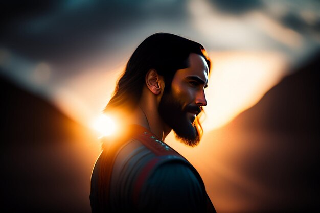 A man with long hair and a beard stands in front of a sunset.