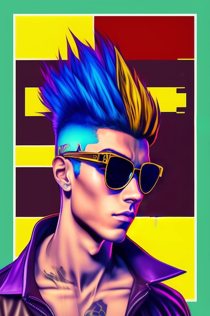 Free Photo a man with a mohawk and sunglasses is wearing a colorful shirt.