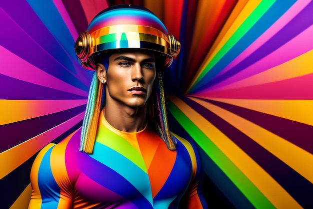 Free photo a man with a rainbow helmet on his head