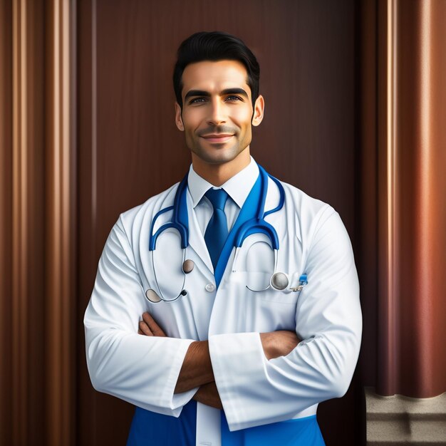 A man with a stethoscope on his shirt is standing in front of a brown door.