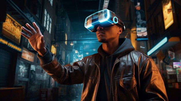 Man with vr glasses in futuristic city