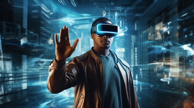 Man with vr glasses in futuristic city