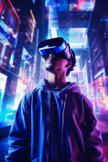 Free photo man with vr glasses in futuristic city