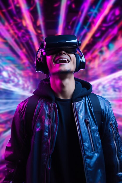 Man with vr glasses in futuristic city