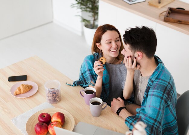 Man and woman talking high view