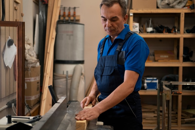 Man working in his wood shop with tools and equipment