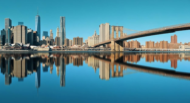 Manhattan financial district with skyscrapers and Brooklyn Bridge reflections.