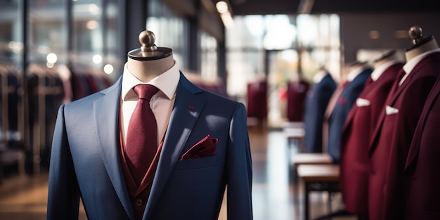 Mannequins dressed in sharp suits offer a glimpse into refined tailoring and mens fashion