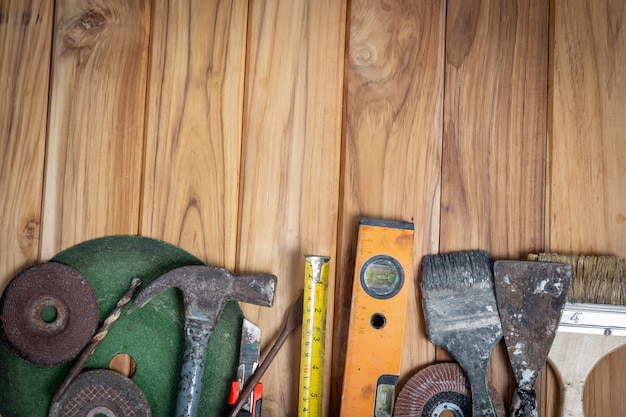 Free Photo manual tool set, set on wooden floor.