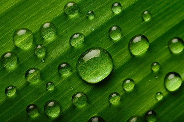 Free photo many drops of water drop on banana leaves