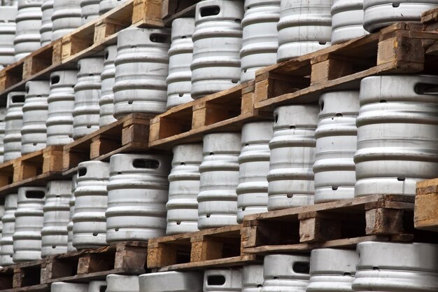 Many metal kegs of beer