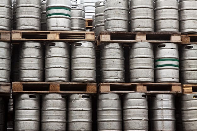 Many metal kegs of beer