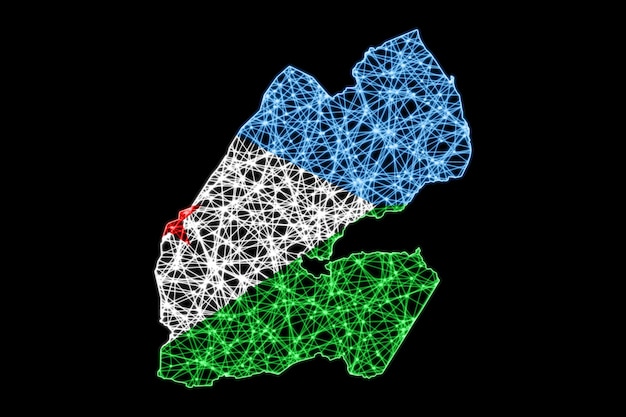 Map of Djibouti, Polygonal mesh line map, flag map