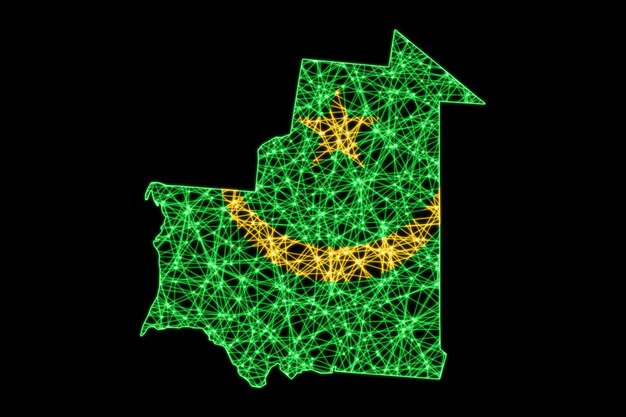 Map of Mauritania, Polygonal mesh line map, flag map