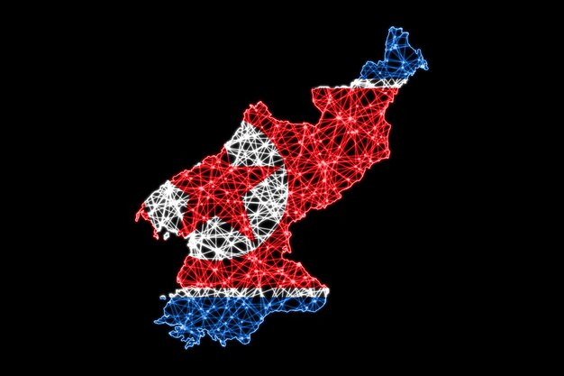 Map of North Korea, Polygonal mesh line map, flag map