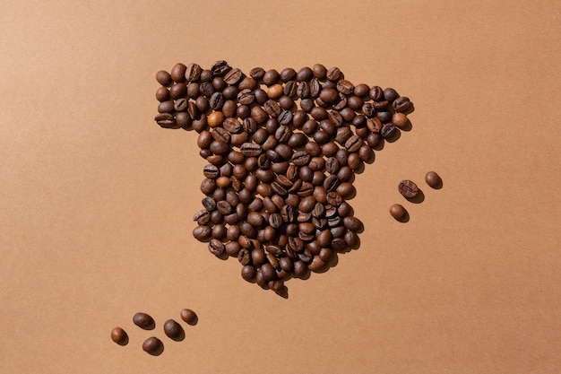 Map of Spain made with coffee beans on brown surface