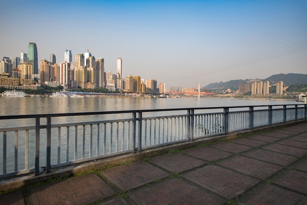 Marble platform in front of the city skyline