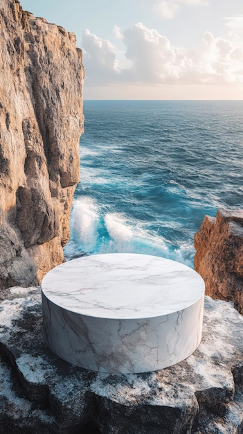 Marble podium for product display with natural landscape