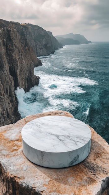 Marble podium for product display with natural landscape