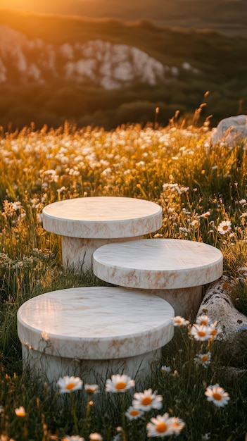 Marble podium for product showcase with scenery background