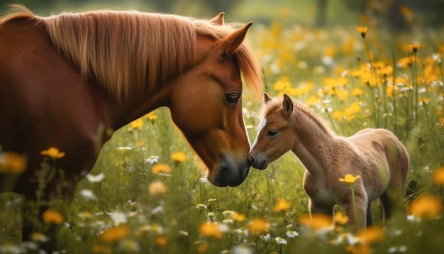 Mare and foal grazing in green meadow generative AI