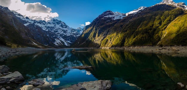 Marian Lake in the Darran Mountain range in New Zealand