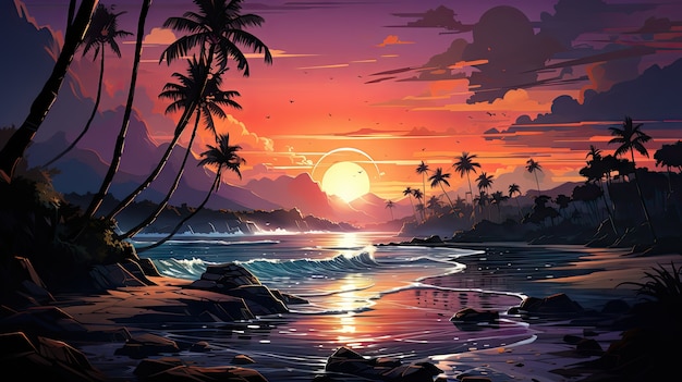 Marine landscape in cartoon style with sunset