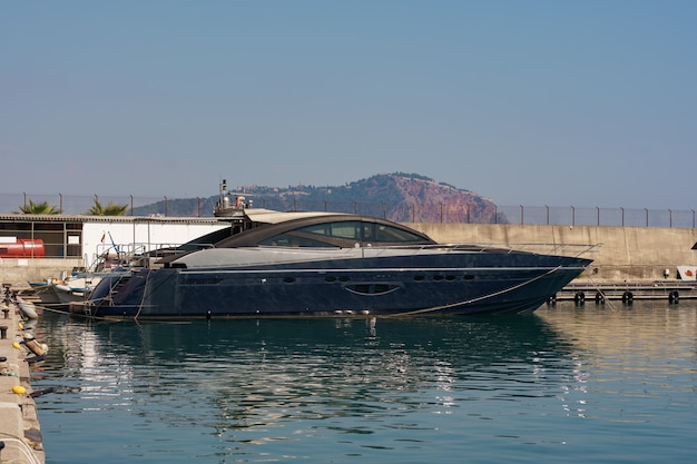 Marine parking of boats and yachts in Turkey. Yacht docked in sea port