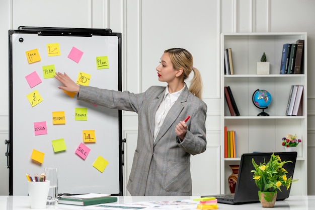 Free photo marketing pretty cute young business lady in grey suit in the office explaining new idea to team