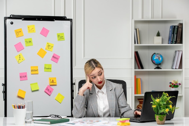 Marketing pretty young blonde girl in grey suit in the office with sticky notes on board