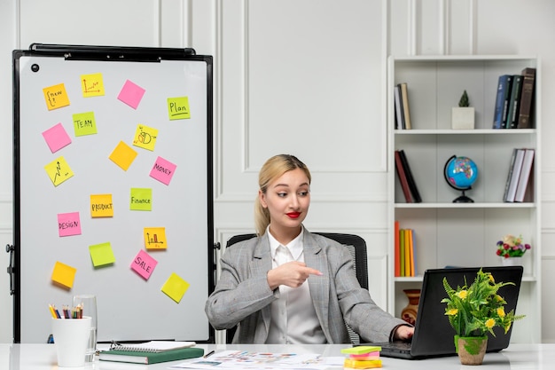 Marketing pretty young blonde girl in grey suit in the office working on black computer