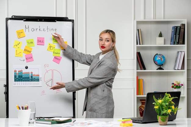 Free photo marketing young pretty cute business lady in grey blazer in office presenting business plan