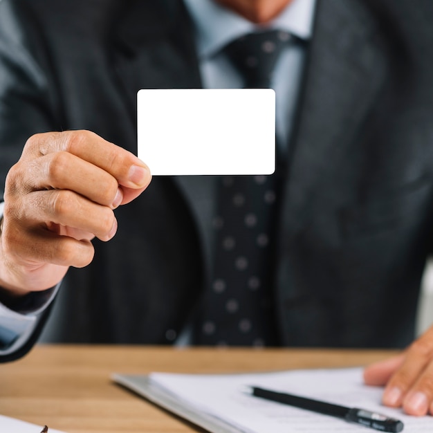 Mature businessman showing blank visiting card