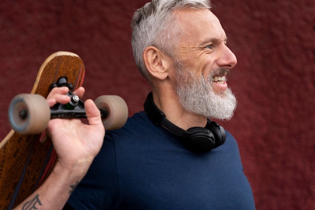 Free photo mature man with sustainable mobility skateboard