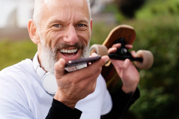 Mature man with sustainable mobility skateboard