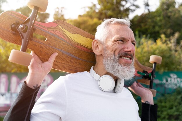 Mature man with sustainable mobility skateboard