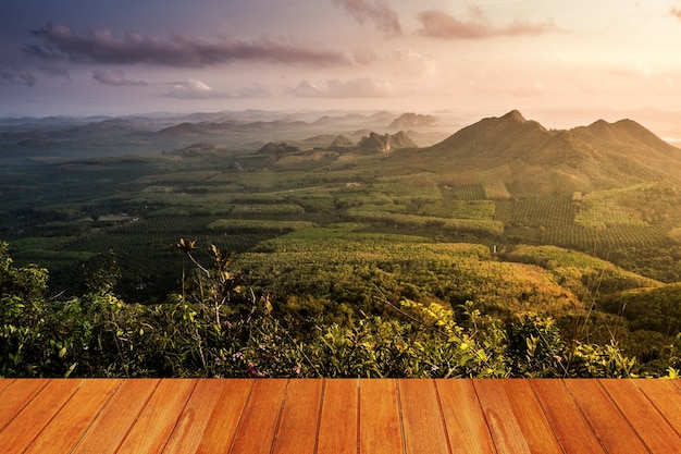 Free Photo meadow with a mountain seen from a wooden table