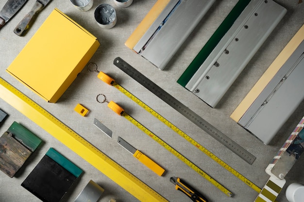 Measuring tools and cutters flat lay