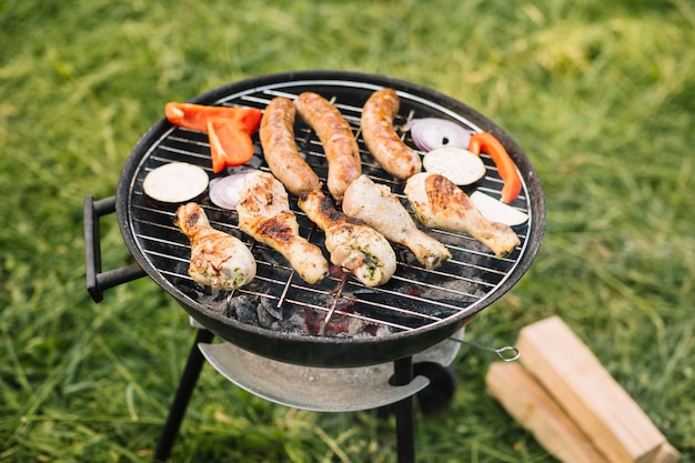 Meat on barbecue grill in nature