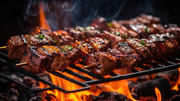 Meat hanging on skewers on the grill