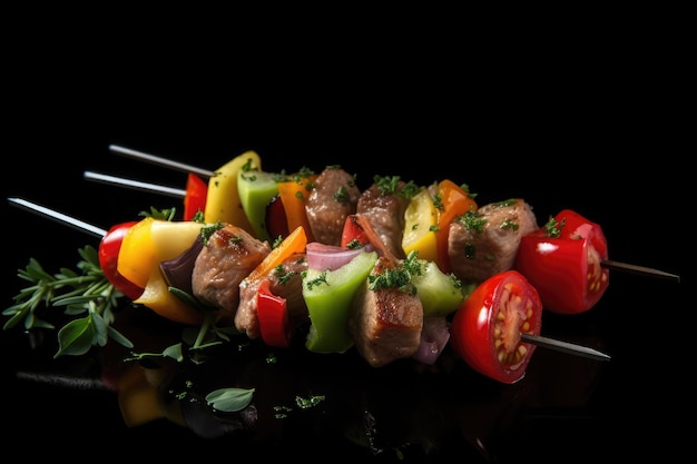 Free photo meat skewer with vegetables on a black backgroundai generative