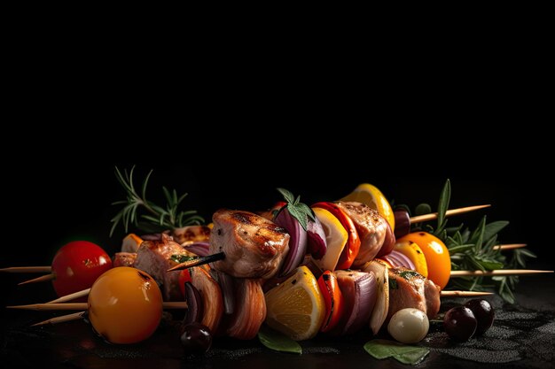 Meat skewer with vegetables on a black backgroundAi generative