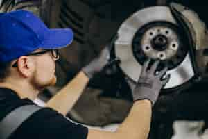 Free photo mechanic changing brake discs in car service