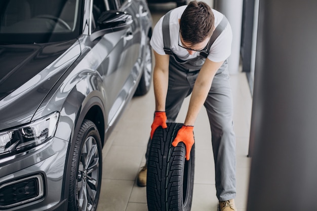 Mechanic changing tires in a car service