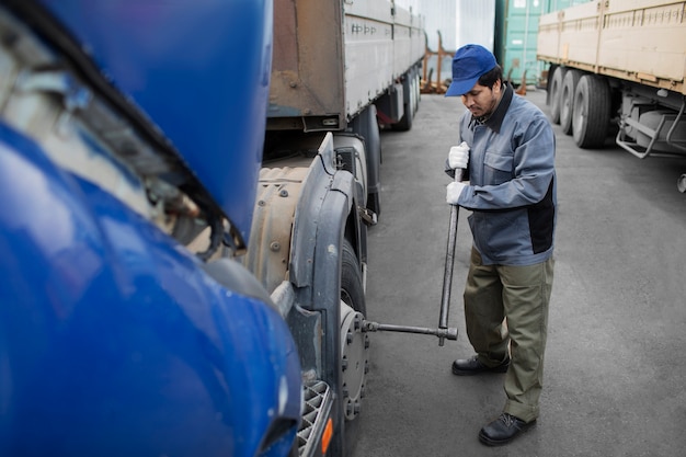 Free photo mechanic checking truck full shot