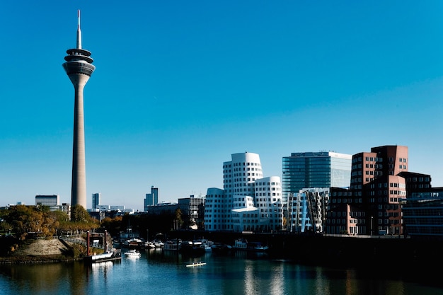 Free Photo media harbour with the famous rhinetower in dusseldorf, germany