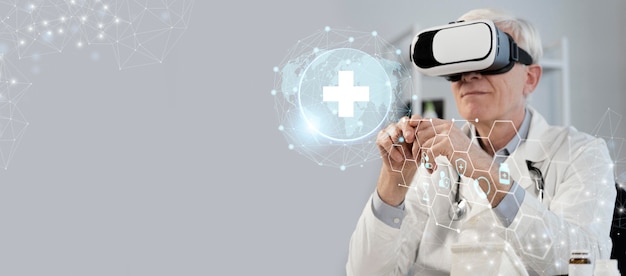 Free photo medical banner with doctor wearing vr glasses