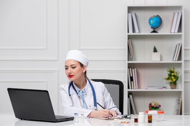 Medical beautiful cute doctor in white hospital coat and hat with computer writing notes