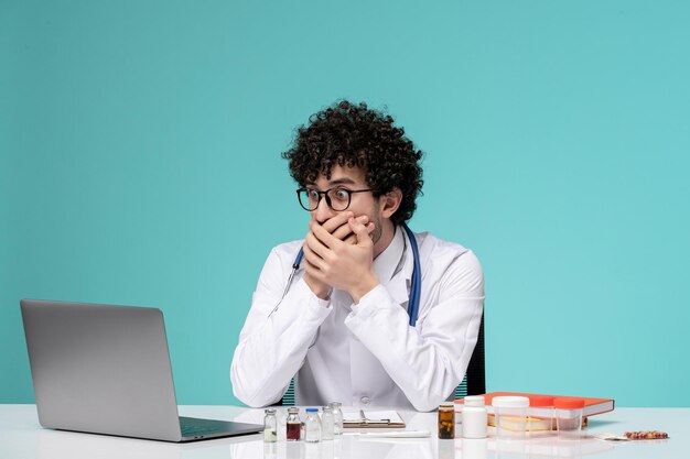 Medical cute handsome doctor working on computer remotely in lab coat shocked covering mouth