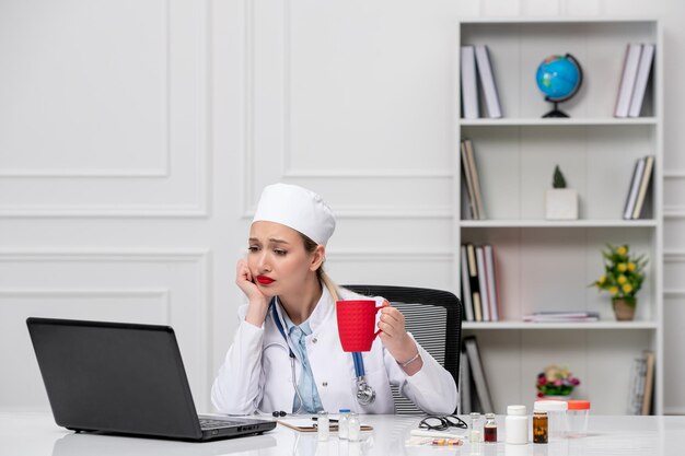 Medical cute lovely doctor in white lab coat and hat with computer with red cup